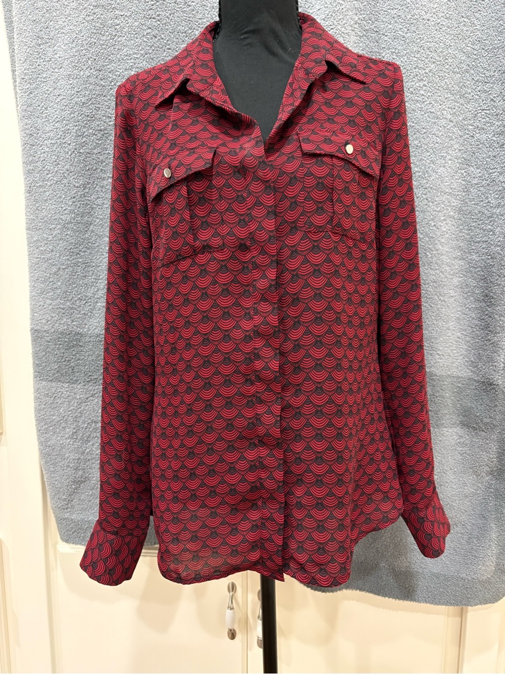 White House Black Market Red and Black Patterned Long-Sleeve Sheer Blouse